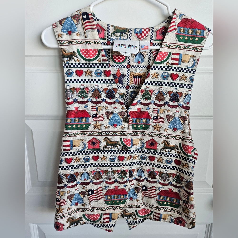 VINTAGE On The Verge 90's Patriotic Americana Button Down Sleeveless Vest Rare